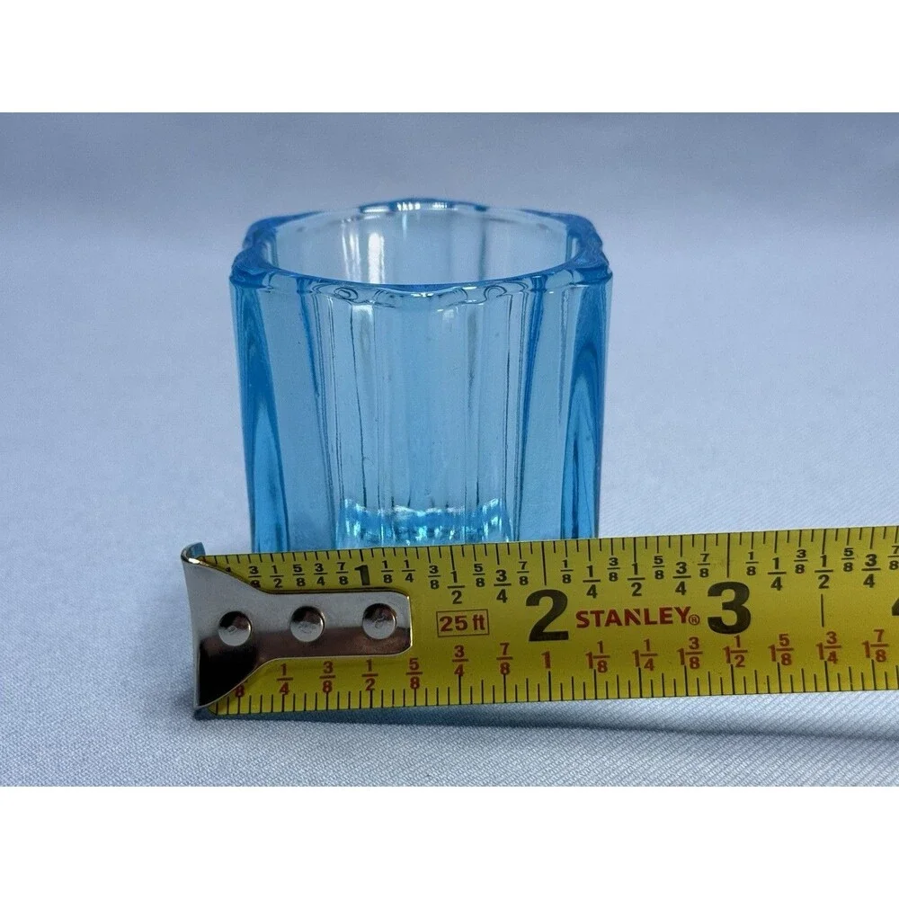 Set Of 2 Blue Glass Votives, Hexagon Shape, Made In USA 2.5x2.5